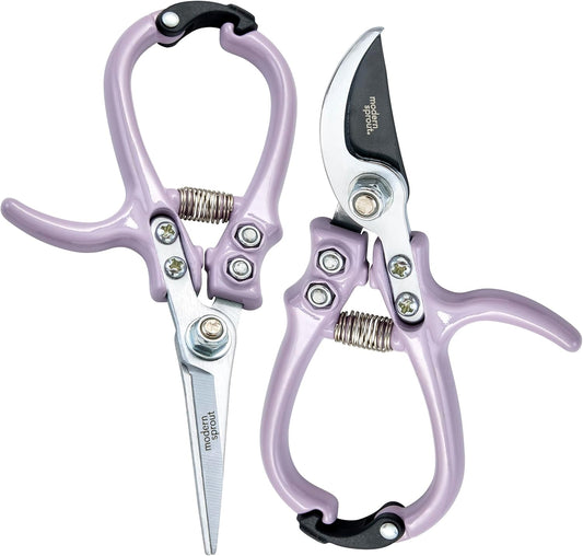 Modern Sprout Hand Pruners & Shears Set - Lightweight Gardening Tools W/Easy Lock - Sharp Carbon Steel Blades -Rust Resistant Scissors for Herbs, Flowers - Reusable Holster - Lavender
