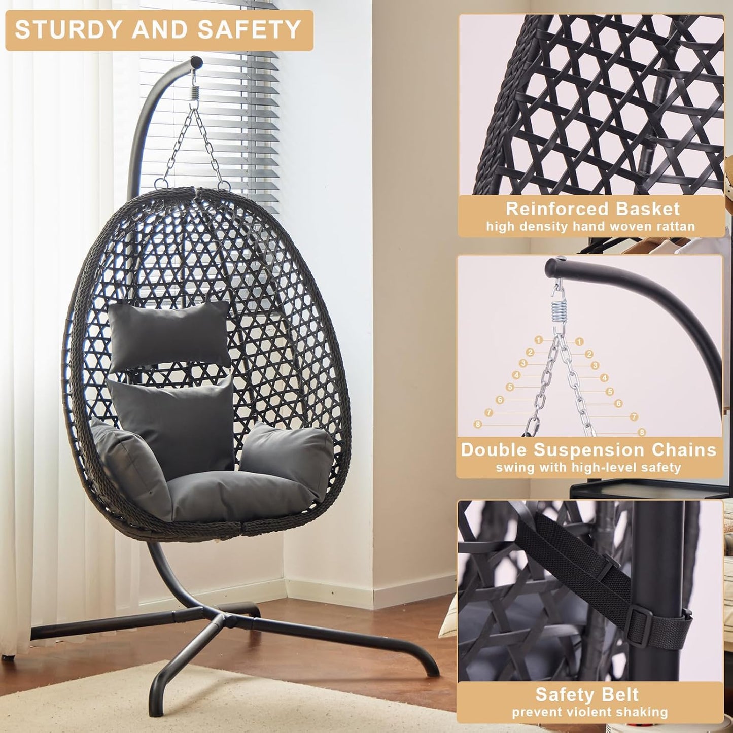 Indoor Hanging Chair with Stand for Bedroom, Hexagon Rattan Wicker Swing Egg Chair for Bedroom Porch Garden Patio Outdoor, Hammock Egg Swing Chair with Cushion,350LBS Capacity(Dark Grey)