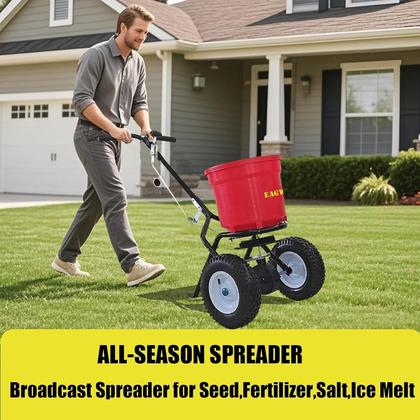 50lb Broadcast Spreader, Capacity Lawn Spreader & Fertilizer Spreader, Rustproof Poly Hopper, Adjustable Drop Rate, All-Terrain Pneumatic Tires, Epoxy-Coated Frame for Lawn Care, Red