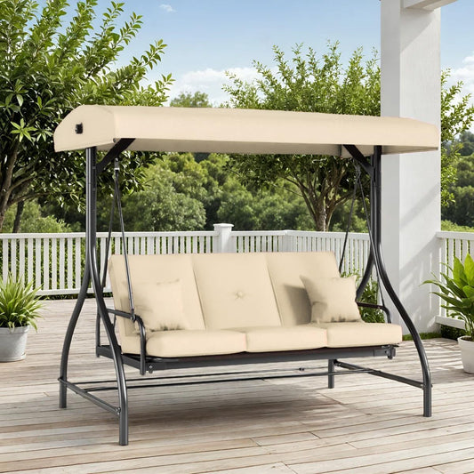 TLSUNNY 3-Seat Outdoor Patio Porch Swing with Adjustable Canopy & Backrest, Convertible Glider Bed with Stand, Removable Seat Cushion, 45° Tilt Adjustment for Backyard, Poolside, Balcony - 750LBS