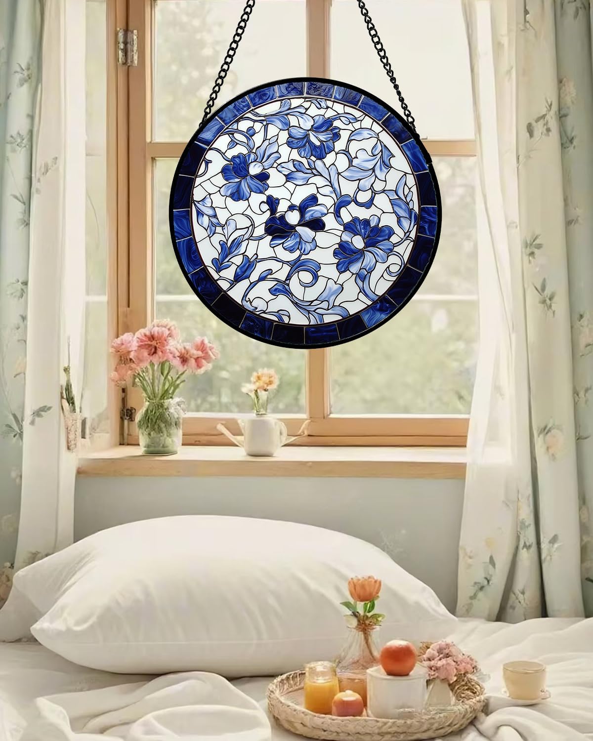 Stained Glass Window Hanging, Blue and White Abstract Flowers Sun Catcher for Door Home Decor Suncatcher Christmas Mother's Day Birthday Gifts for Women Men Mom and Nana 6.3 in