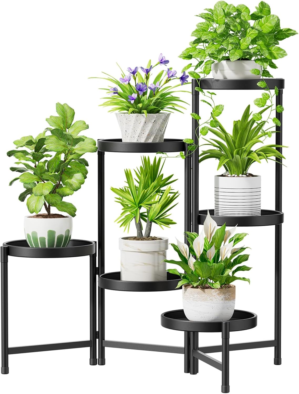 iDavosic.ly 6 Tier Large Plant Stand Indoor with 10 Inch Wide Tray, Tiered Corner Metal Outdoor Flower Display Holder Shelf, Folding Tall Rack for Patio Porch Living Room, Modern Black