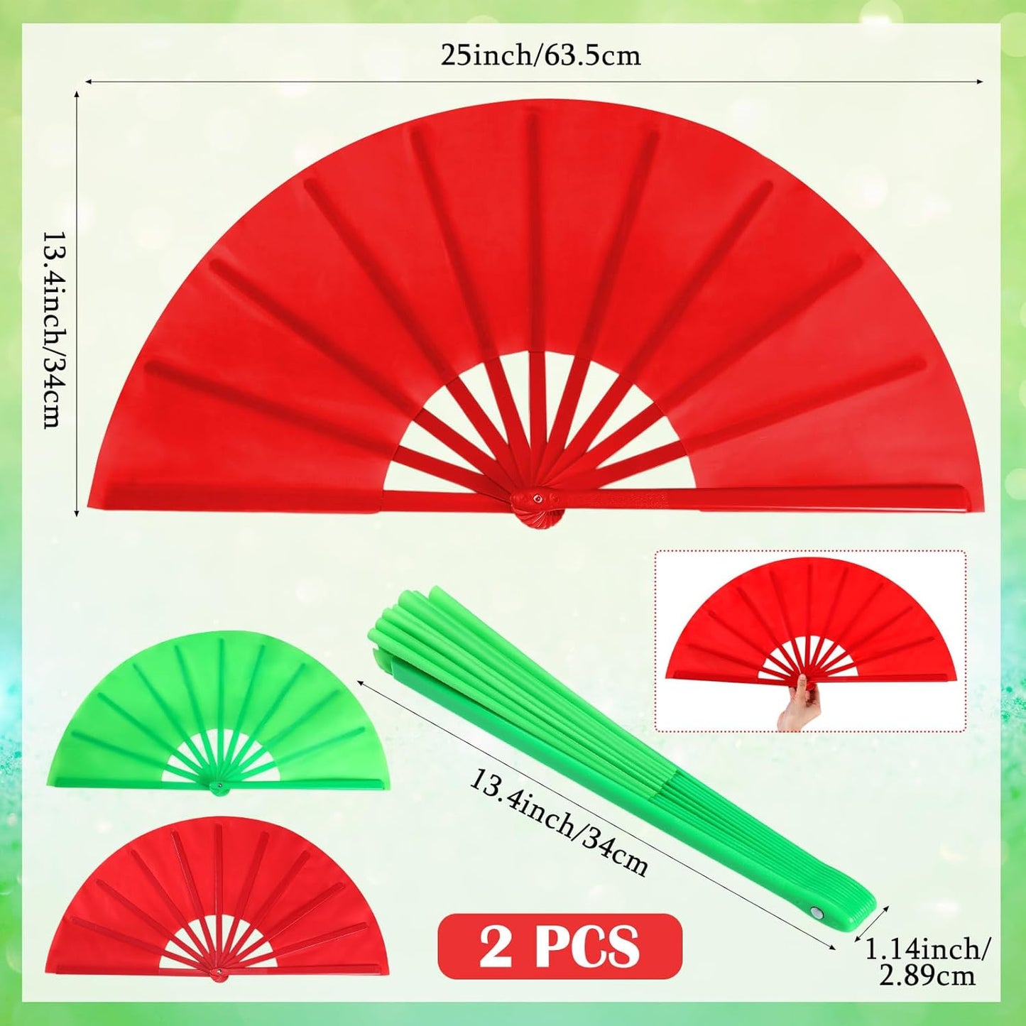 Maitys 2 Packs Large Clap Fans for Line Dancing Large Chinese Folding Hand Fans for Men and Women, Festival, Tai Ji, Kungfu, Martial Art, Gifts (Green and Red)