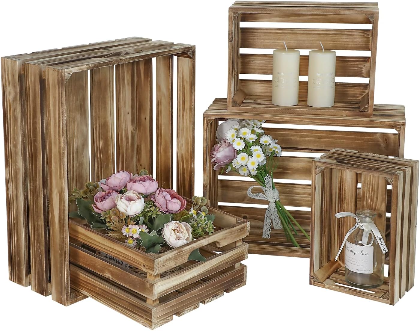 Set of 5 Large Wooden Crates, Nesting Storage Crate with Handles, Rustic Torched Brown Farmhouse Wooden Crates for Display, Wedding Birthday Home Party Living Room Kitchen Decoration