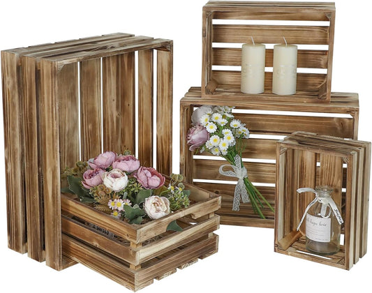 Set of 5 Large Wooden Crates, Nesting Storage Crate with Handles, Rustic Torched Brown Farmhouse Wooden Crates for Display, Wedding Birthday Home Party Living Room Kitchen Decoration