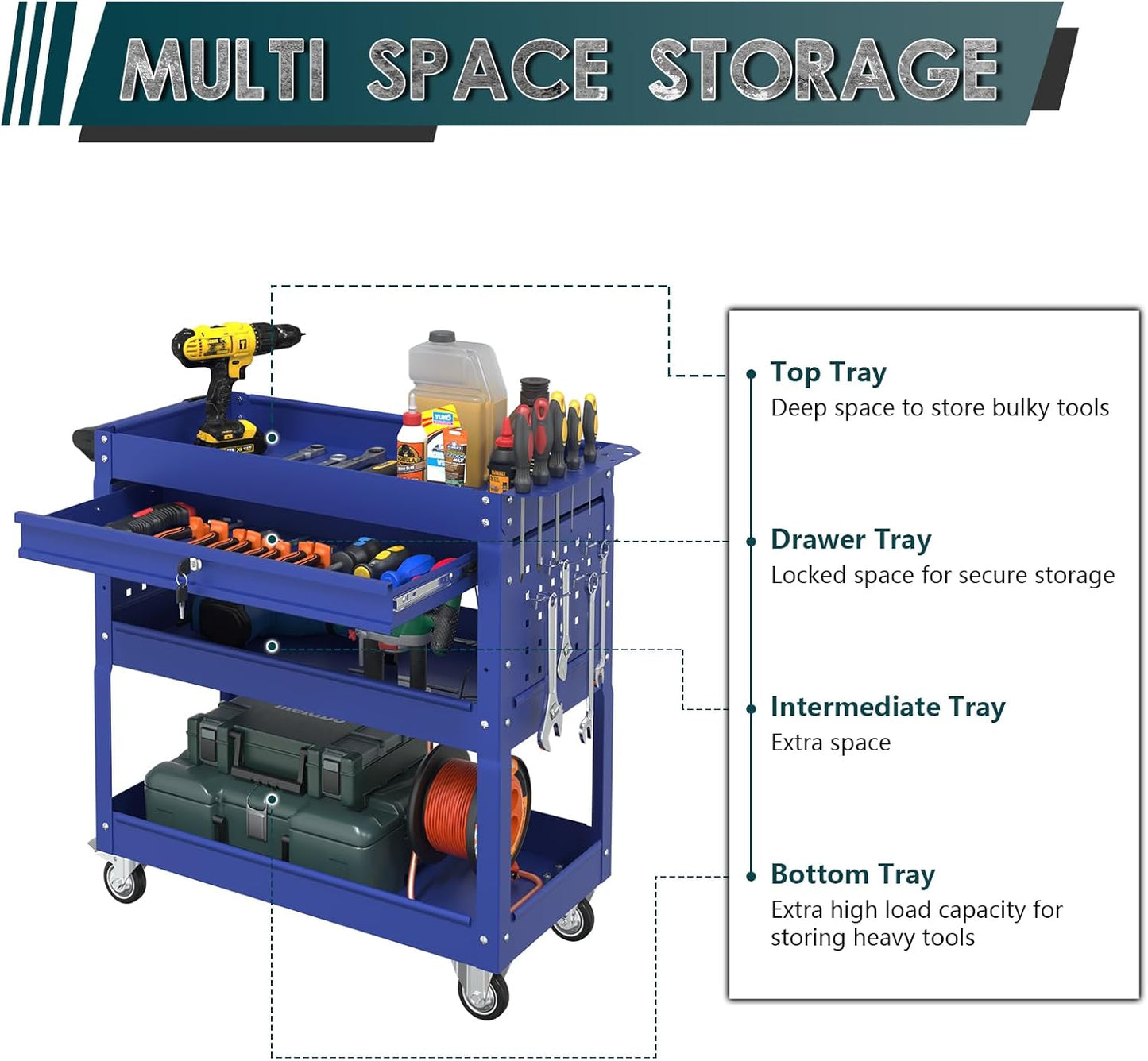 3 Tier Rolling Tool Cart on Wheels with Locking Drawer - Metal Service Cart Industrial Utility Cart for Mechanic - 350 LBS Mobile Storage Organizer for Garage, (Blue)