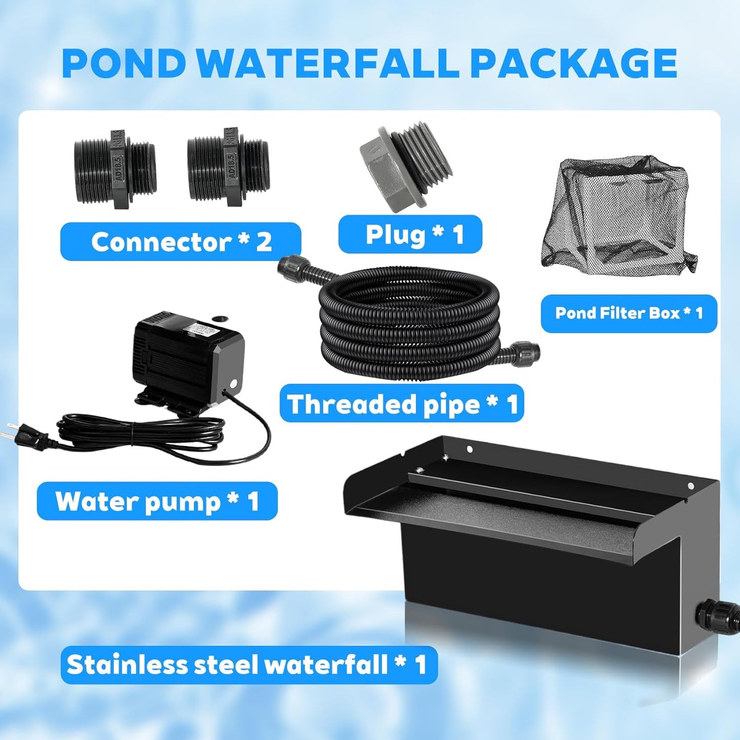 Pond Waterfall Kit with Pond Filter Box - 55W Submersible Pump & 12" Adjustable Waterfall Spillway | Complete Set with Extra Long Hose for Garden Ponds, Backyard Water Features