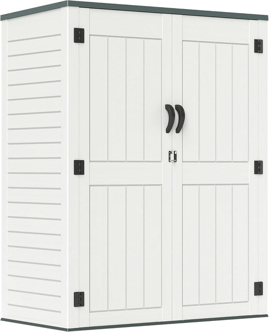 4.5 x 5.7 FT Outdoor Storage Shed, 59 Cuft Outside Waterproof Storage Cabinet, HDPE Resin Plastic 385 Gallon Outdoor Storage Container, Vertical Lockable Storage Shed, Light Grey