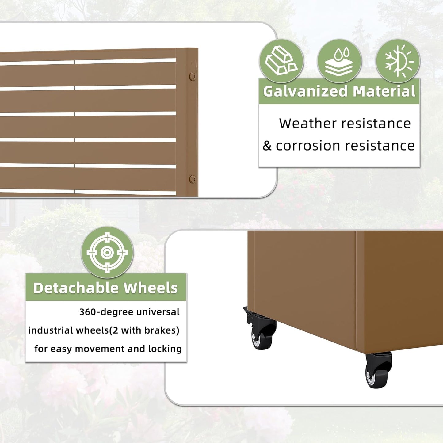Casaphoria Metal Raised Garden Bed with Trellis and Wheels, 47"x47"x16" Planter Box for Climbing Plants, Vegetables & Vines, Features Drainage Holes and Privacy Screen (Brown-Louvered)
