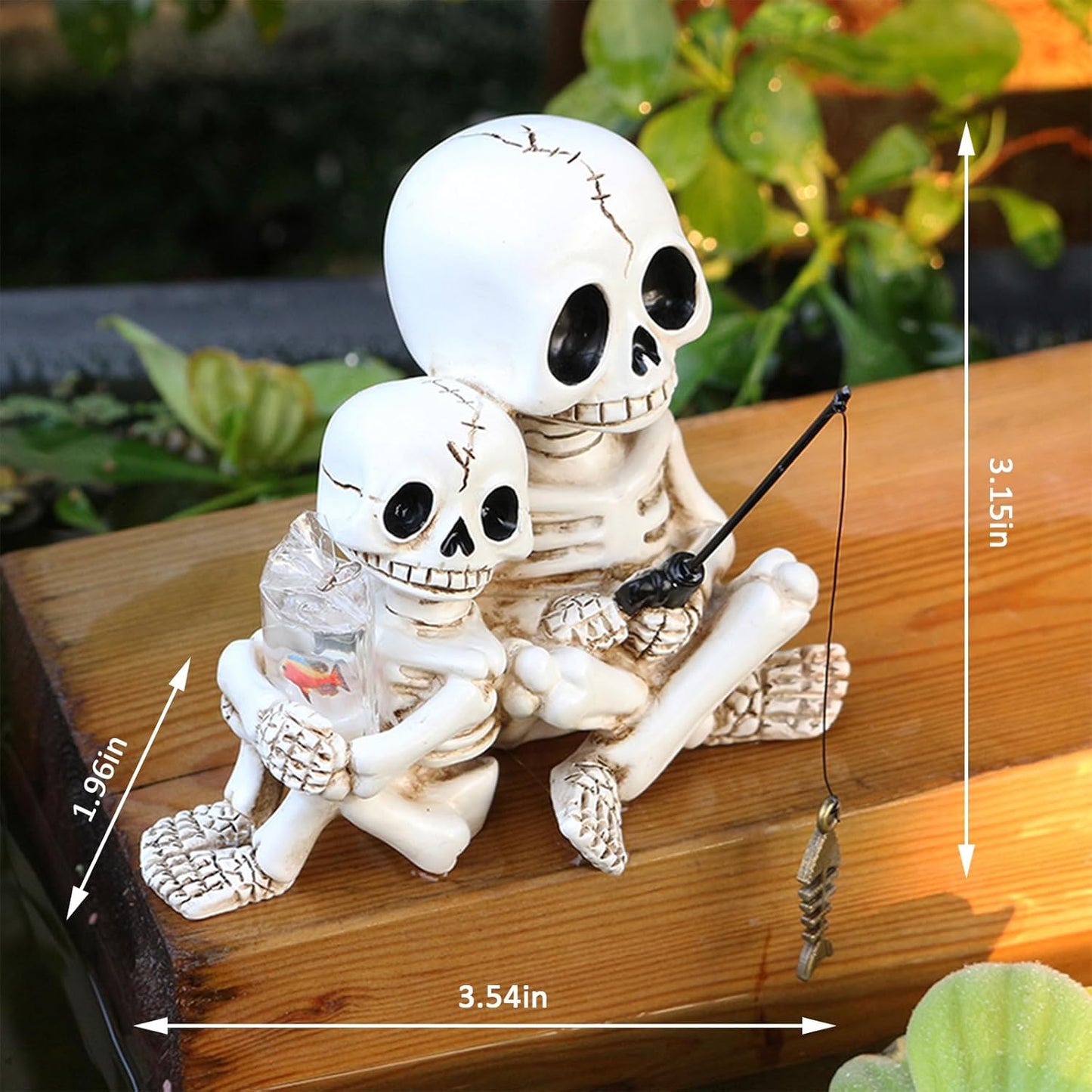 Fishing Skeleton Statue Halloween Decorations, Mini Cute Sitting Skull Figurine Shelf Sitter Resin Sculpture for Outdoor Garden Yard Lawn Pond Waterfalls Pool Ornaments