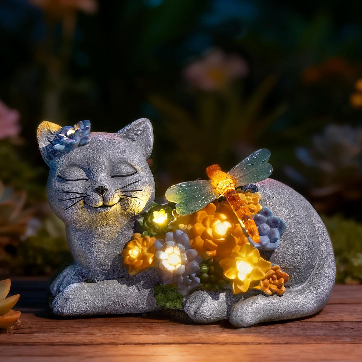 Solar Cat Garden Statue - Lying Outdoor Figurine with Dragonfly & Flower LEDs, Upgraded 2.0 Solar, Auto On/Off, IP65 Waterproof Hand-Painted Resin, Garden Decor, Gift for Cat Lovers, Mom, Grandma