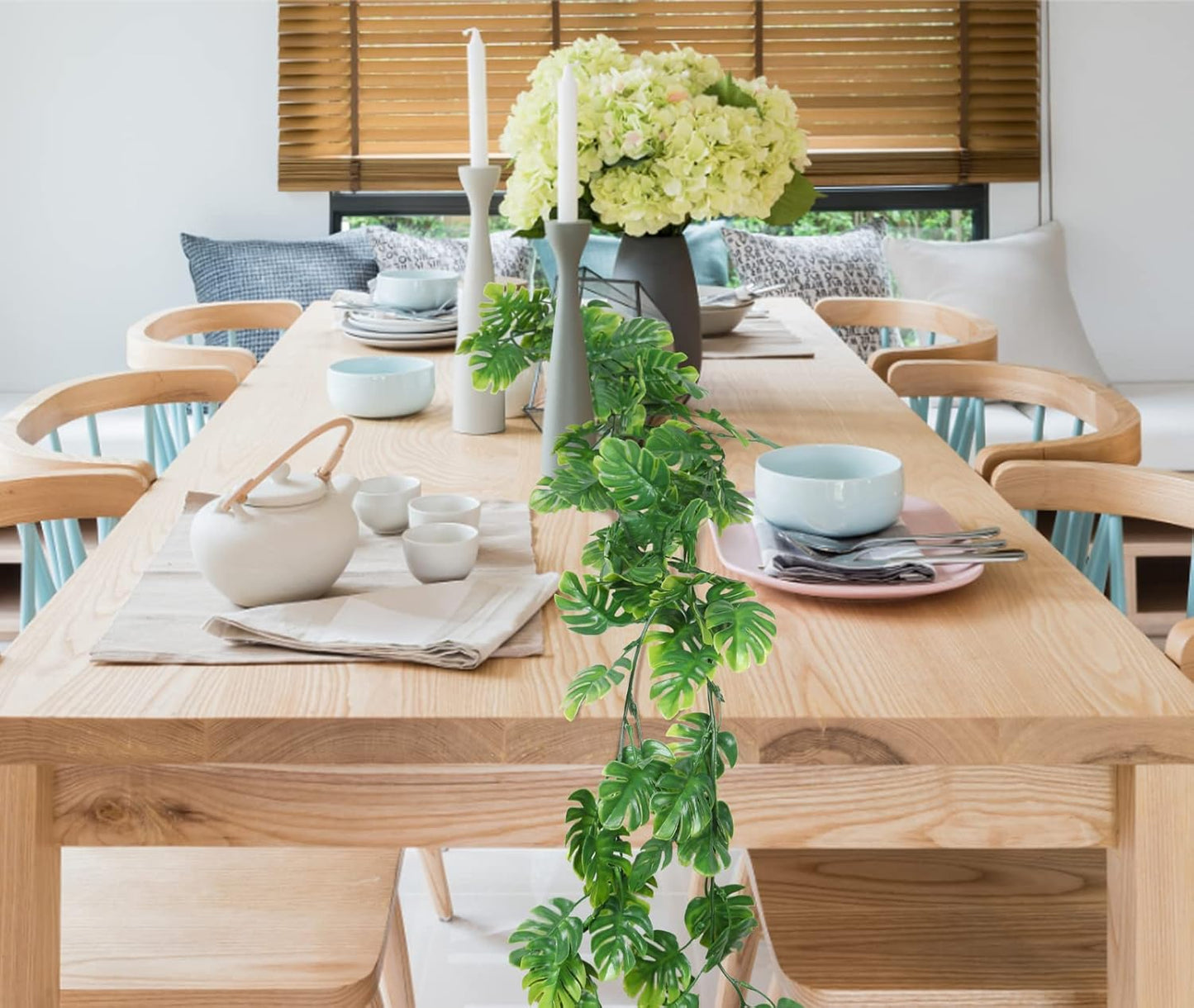 RECUTMS 2Pcs Artificial Monstera Leaf Vines 5.9FT Fake Hanging Plants Ivy Faux Tropical Palm Leaves Greenery Garland for Garden Porch Patio Jungle Luau Beach Birthday Party Indoor Outdoor Spring Décor