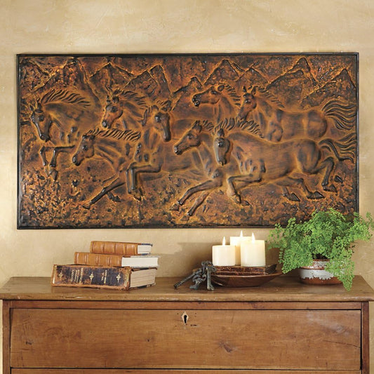 Black Forest Décor - Mountain Run Horse Wall Plaque - Western Metal Wall Décor - 42"W x 2"D x 21翻"H