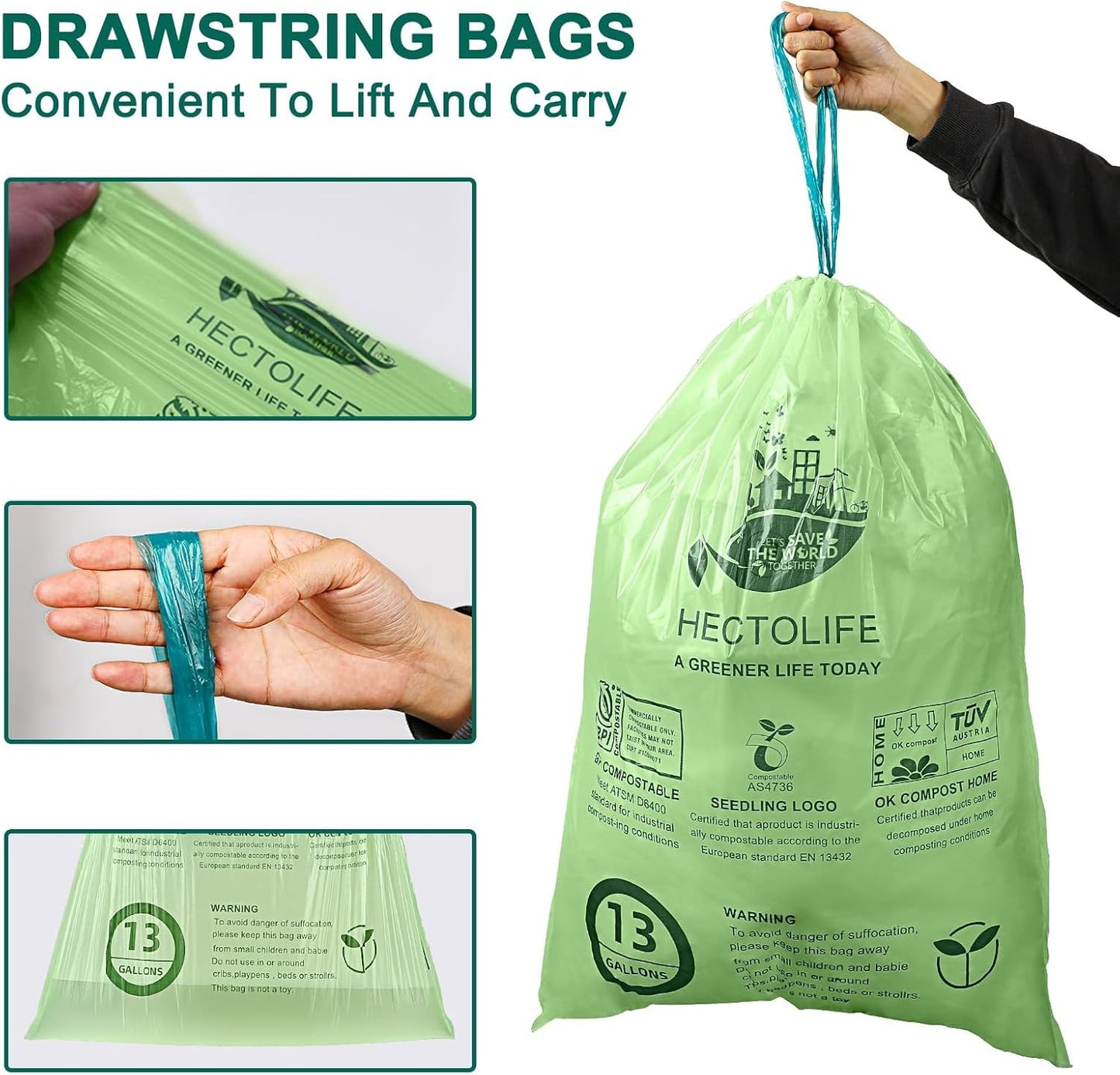 13 Gallon,200 Count, Compostable Trash Bags with Drawstring,Tear Resistant Kitchen Food Scrap Waste Bag, ASTM D6400, US BPI and Europe OK Compost Home Certified