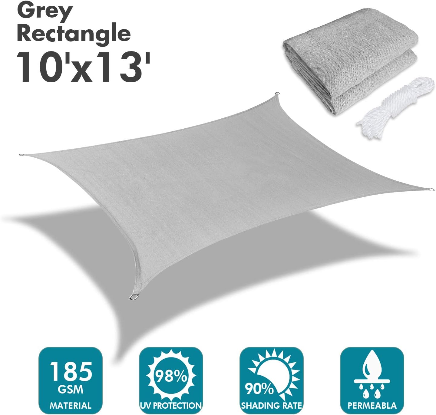 KANAGAWA Sun Shade Sail 10'x13' Gray Rectangle UV Block Canopy Awning Shelter Fabric Cloth Screen for Outdoor Patio Garden Backyard Activities