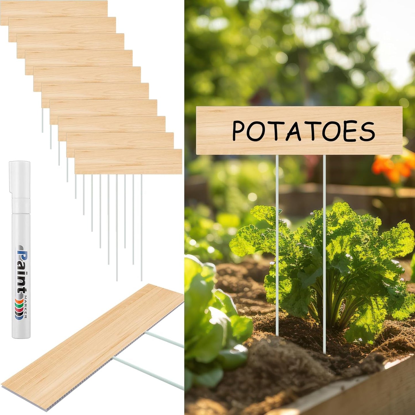 10 Set Jumbo Outdoor Plant Label Stakes Waterproof Nursery Garden Markers Plastic T Type Plant Tag Identification Stake with Marker Pen for Herb Vegetable Flowers, 12" High(Wood Color)