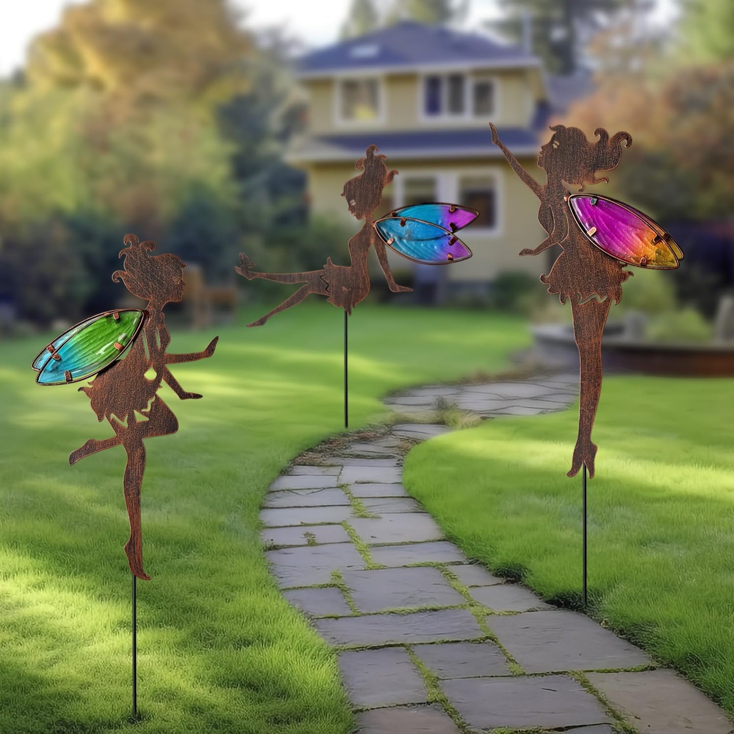 Metal Fairy Garden Stakes Decor,Charming Fairy with Colorful Wing Metal Stakes,Yard Art,Garden Outdoor Lawn Pathway Patio Ornaments,Outdoor Decor,Garden Decor