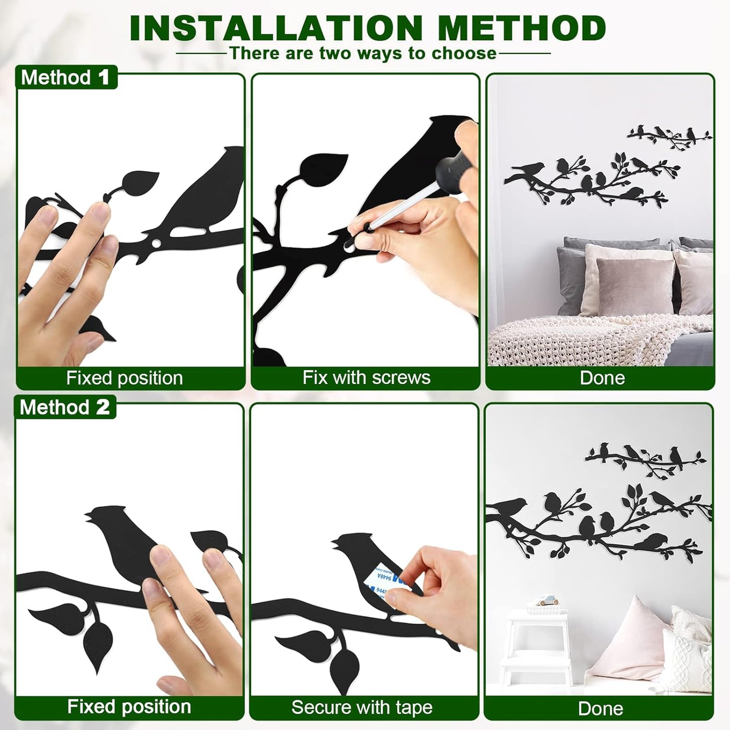 ULENDIS 3Pcs Large Metal Birds Wall Art, Bird on Branch Metal Birds Wall Decor Leaves with Bird Silhouette Sculpture, Ornament Branch Wall Hanging Sign for Balcony Garden Indoor Outdoor Decor