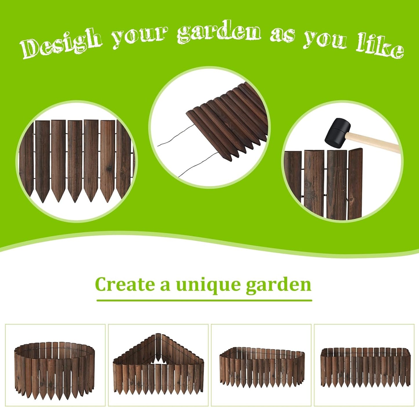 Wood Garden Edging Border Wooden Short Fence Landscape Edging Anti Corrosive Lawn Fence Border with Gloves Decorative Flower Bed Border for Yard Patio Pathway Tree Outdoor-47.2" L X 11.8" H (1PACK)