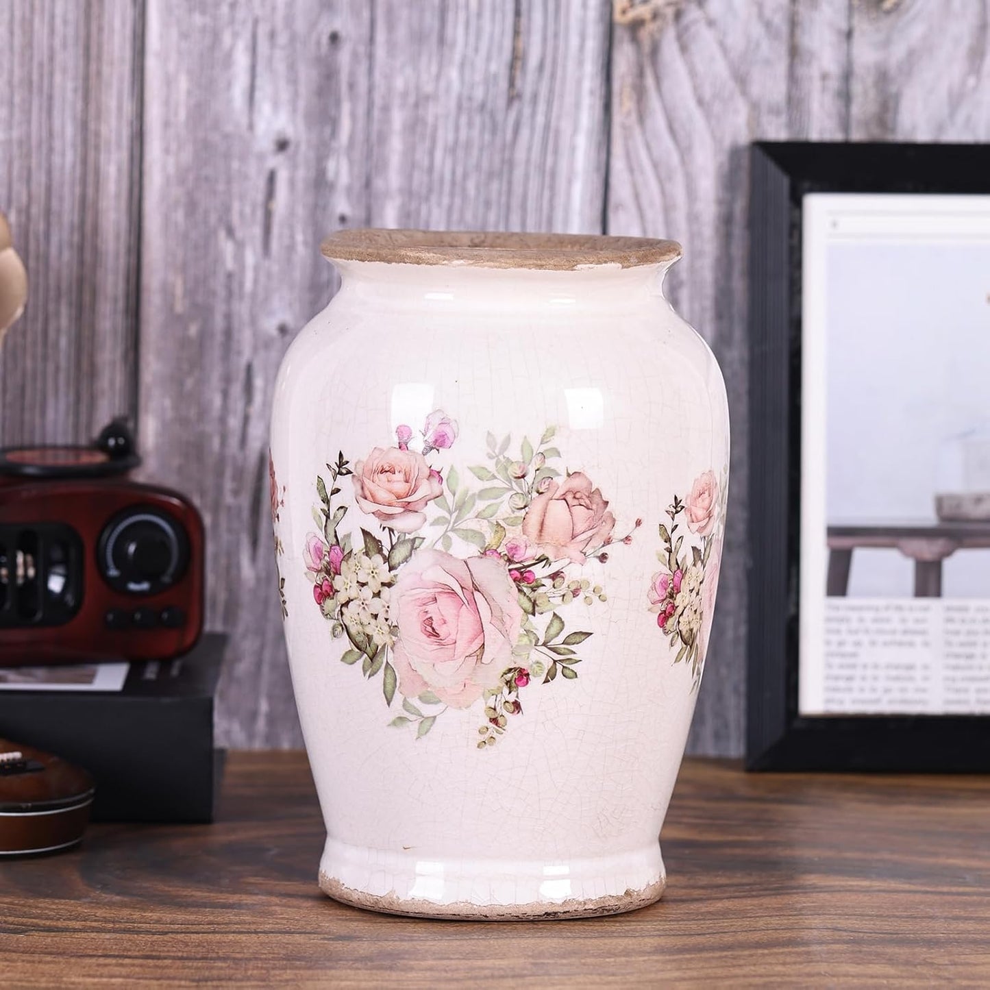 Vintage Vase for Flowers,Pink Chinoiserie Ceramic Vase,Rustic Farmhouse Cracked Vases,for Flower Arrangement,Living Room, Office, Shelf, Fireplace Tables,Centerpieces,Chinoiserie Pottery Decor(A)