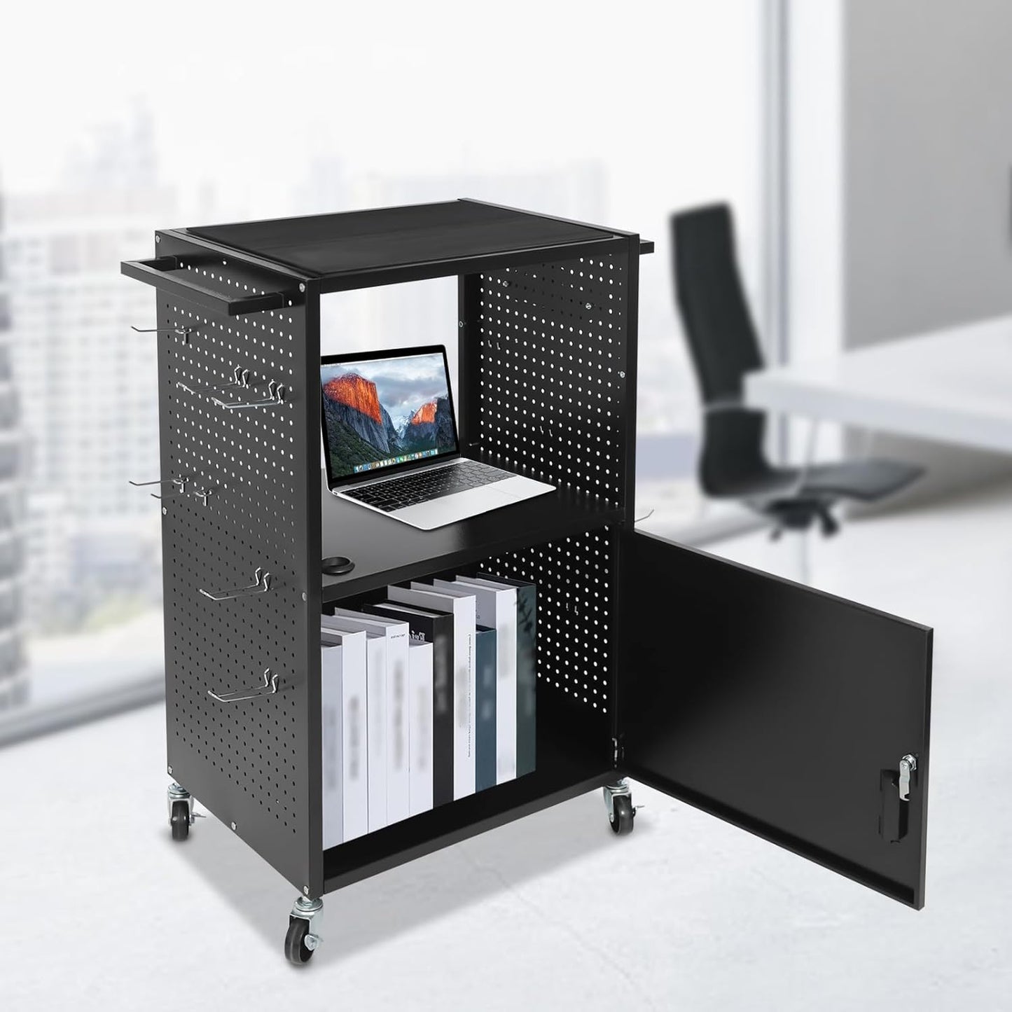 Computer Cart AV Cart, 3 Tiers Utility Media Cart with Wheel, Locking Cabinet, Power Strip and 264.55 lbs Load Capacity, Laptop Cart Mobile Workstation for Classroom Conference Room Black