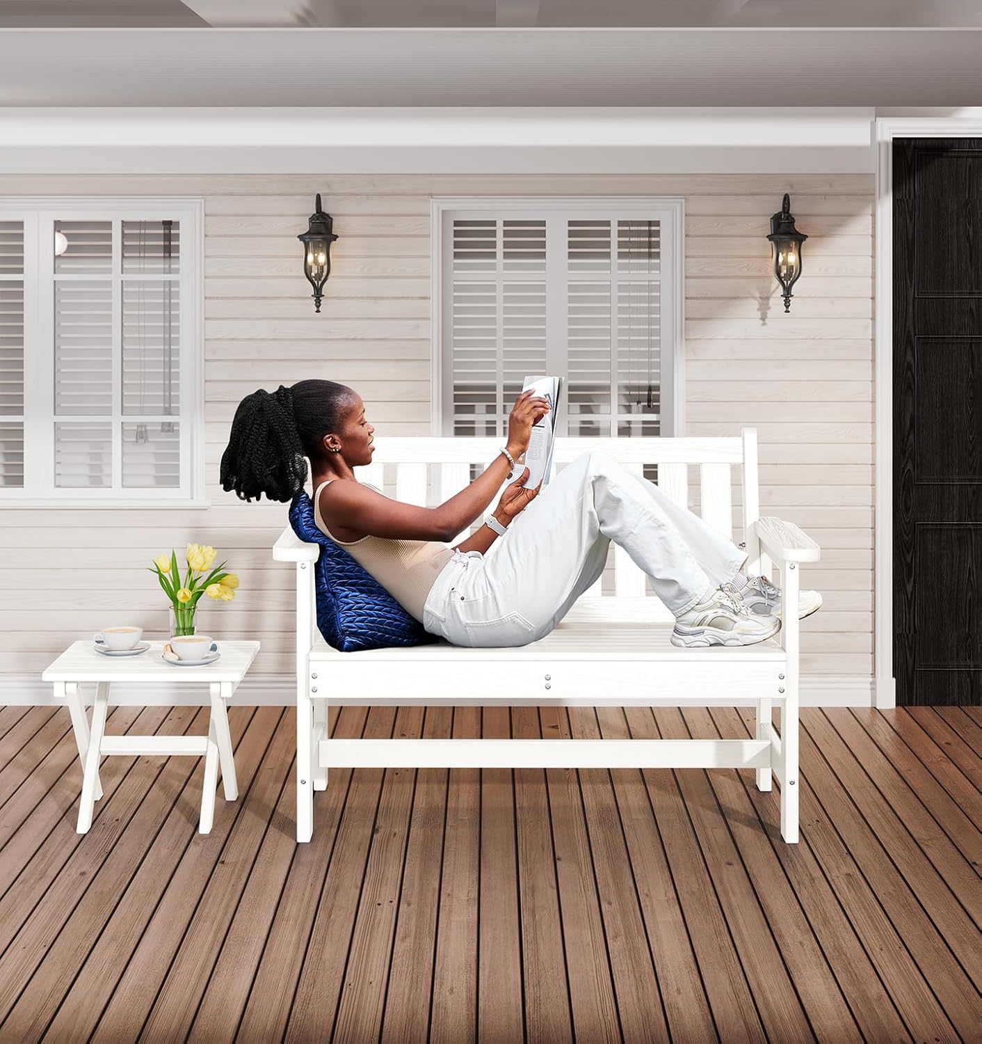 SERWALL Outdoor Bench, HDPE Outdoor Benches Weatherproof, 2-Person Garden Bench with 660 lbs Weight Capacity, Patio Benches for Outdoors, Garden, Porch, Backyard and Park, White, 6 Pack