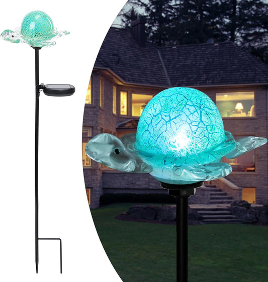 Afirst Decorative Solar Lights Outdoor Solar Turtle Stake Lights Hand Blown Glass Decorative Garden Pathway Light Outdoor Waterproof Glass Stakes Green