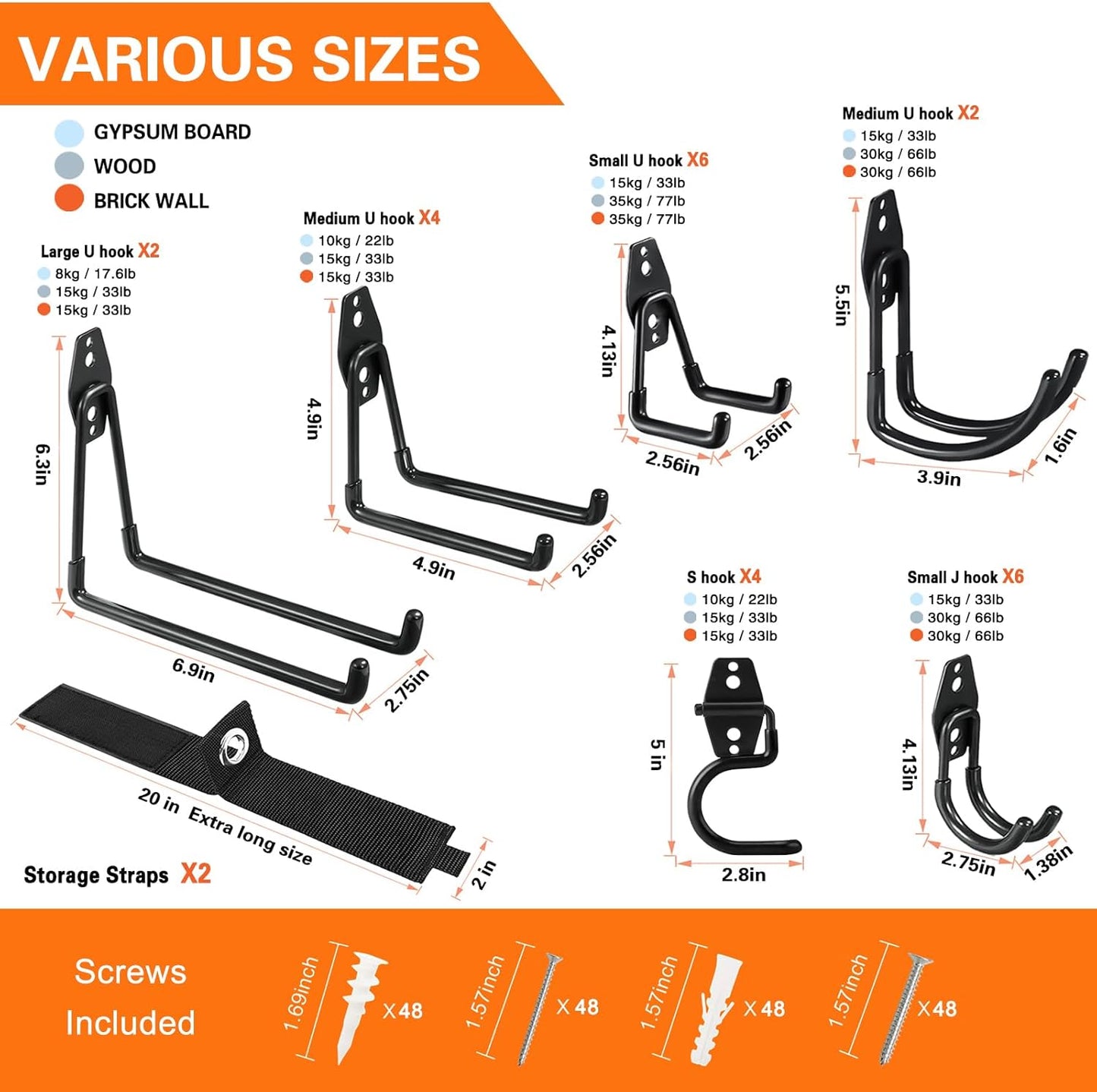 26 Pack Garage Hooks Heavy Duty Utility Steel with Anti-Slip Coating Wall Mount Storage Organizer for Hanging Power and Garden Tools, Ladders, Hose, Bikes, Ropes, Bulk Items, and More