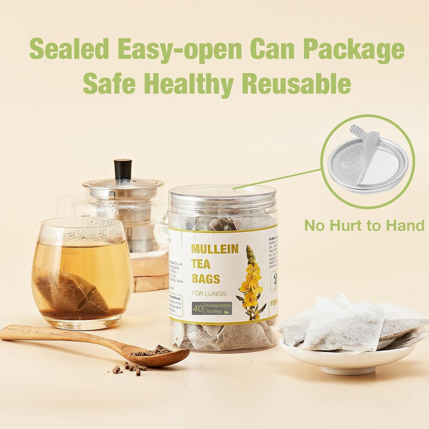 40 Bags Dried Mullein Leaf Tea for Lungs - Lung Detox Cleanse Tea for Smokers - Herbal Mullen Mullien for Breathe Easy - Caffeine-Free, Immune Support