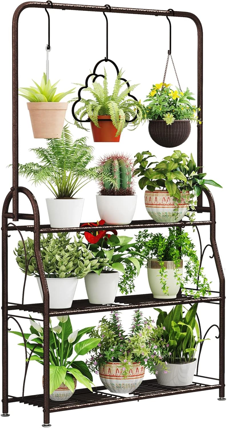 SORCEDAS Plant Stand Indoor Outdoor 3 Tier Tall Corner Hanging Shelf Metal Flower Stands Ladder Holder for Living Room Balcony Garden Patio Multiple Plants, Bronze