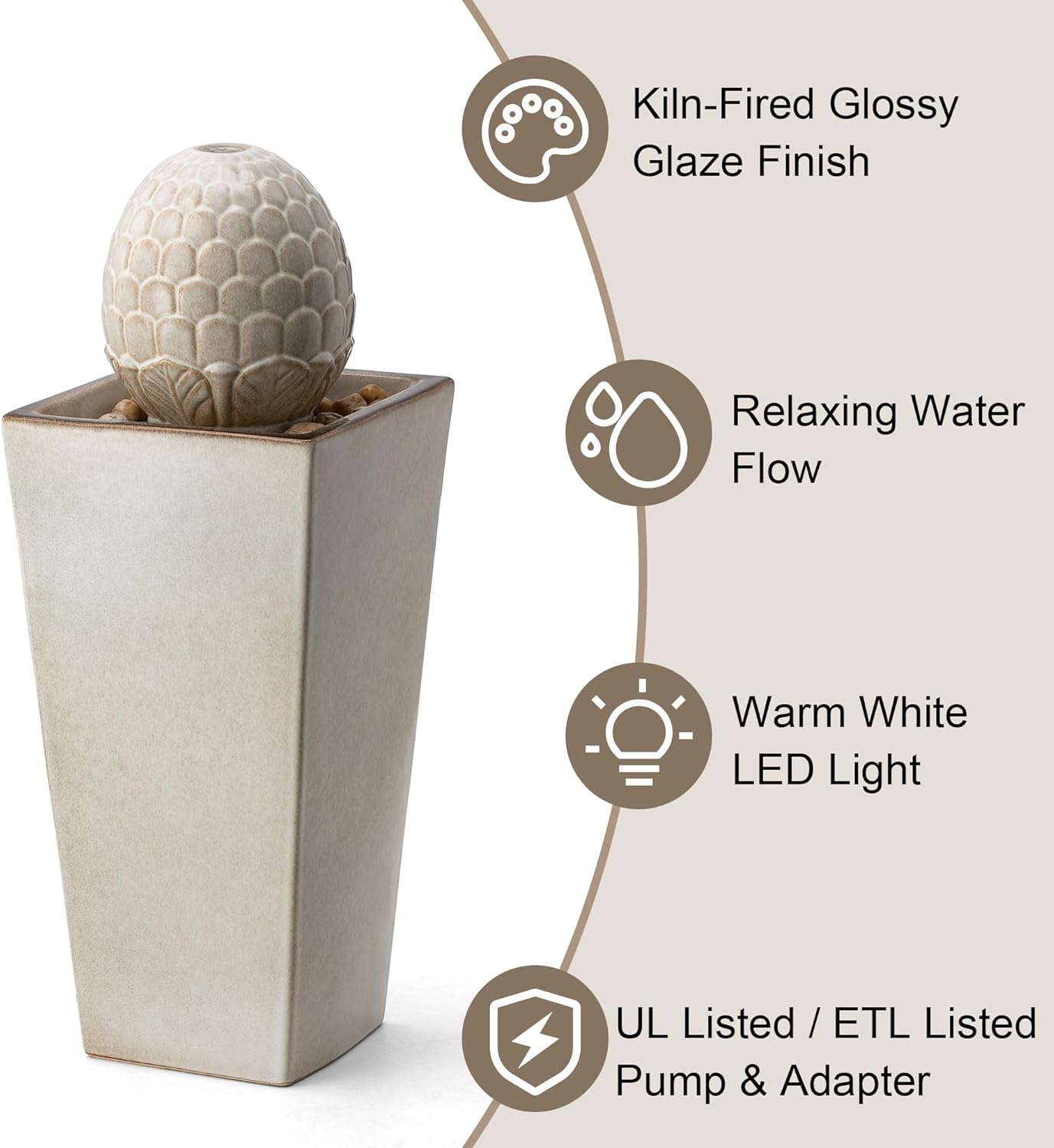 Glitzhome Ceramic Outdoor Water Fountain with LED Light, Oversized Artichoke Pedestal Water Fountains with Submersible Pump, Patio Fountain Waterfall for Garden Patio Deck Porch, Sand Beige, 35.75" H