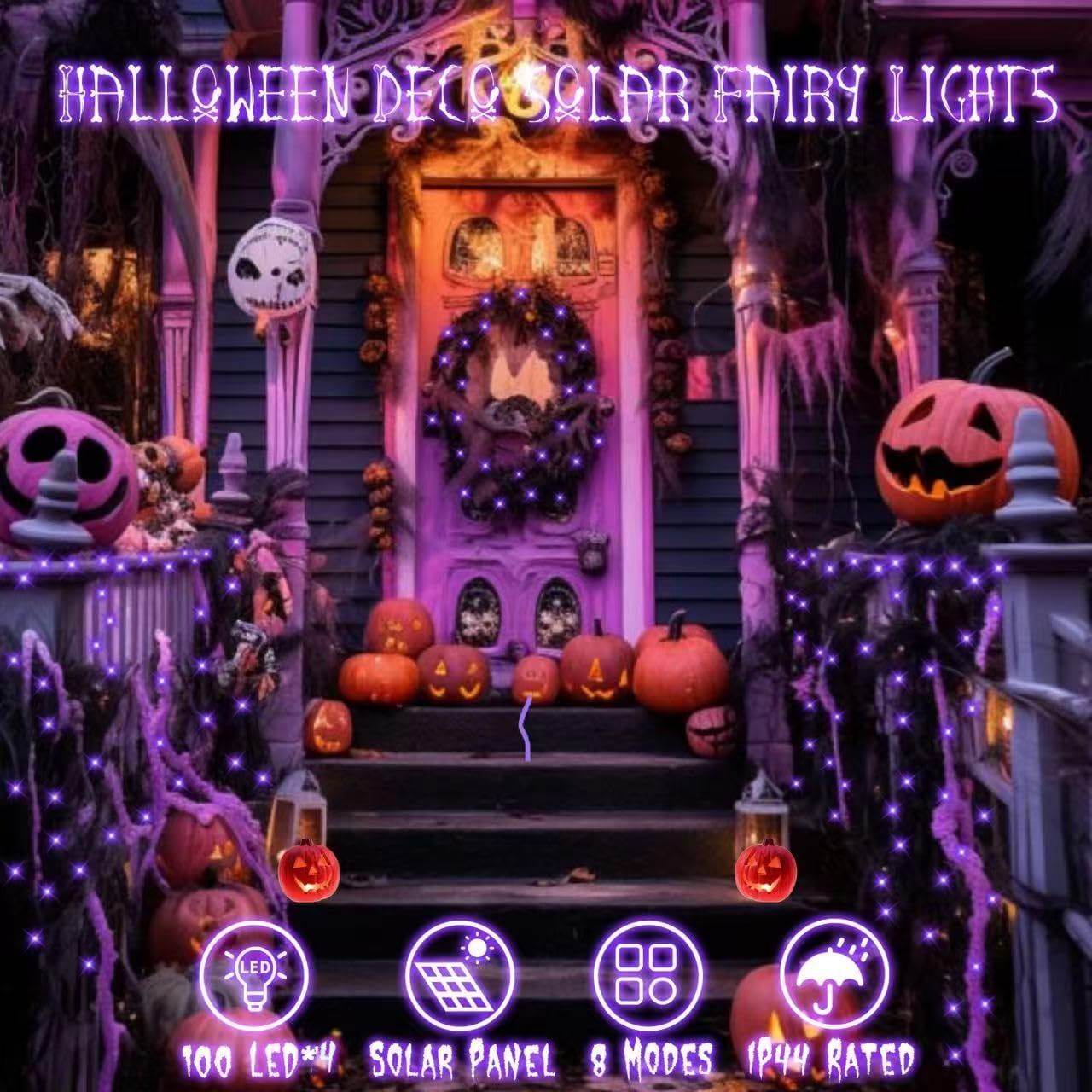 YEGUO Purple Halloween Lights Outdoor Waterproof, 4 Pack Each 33ft 100 LED Solar Fairy Lights, 8 Modes String Light for Outside