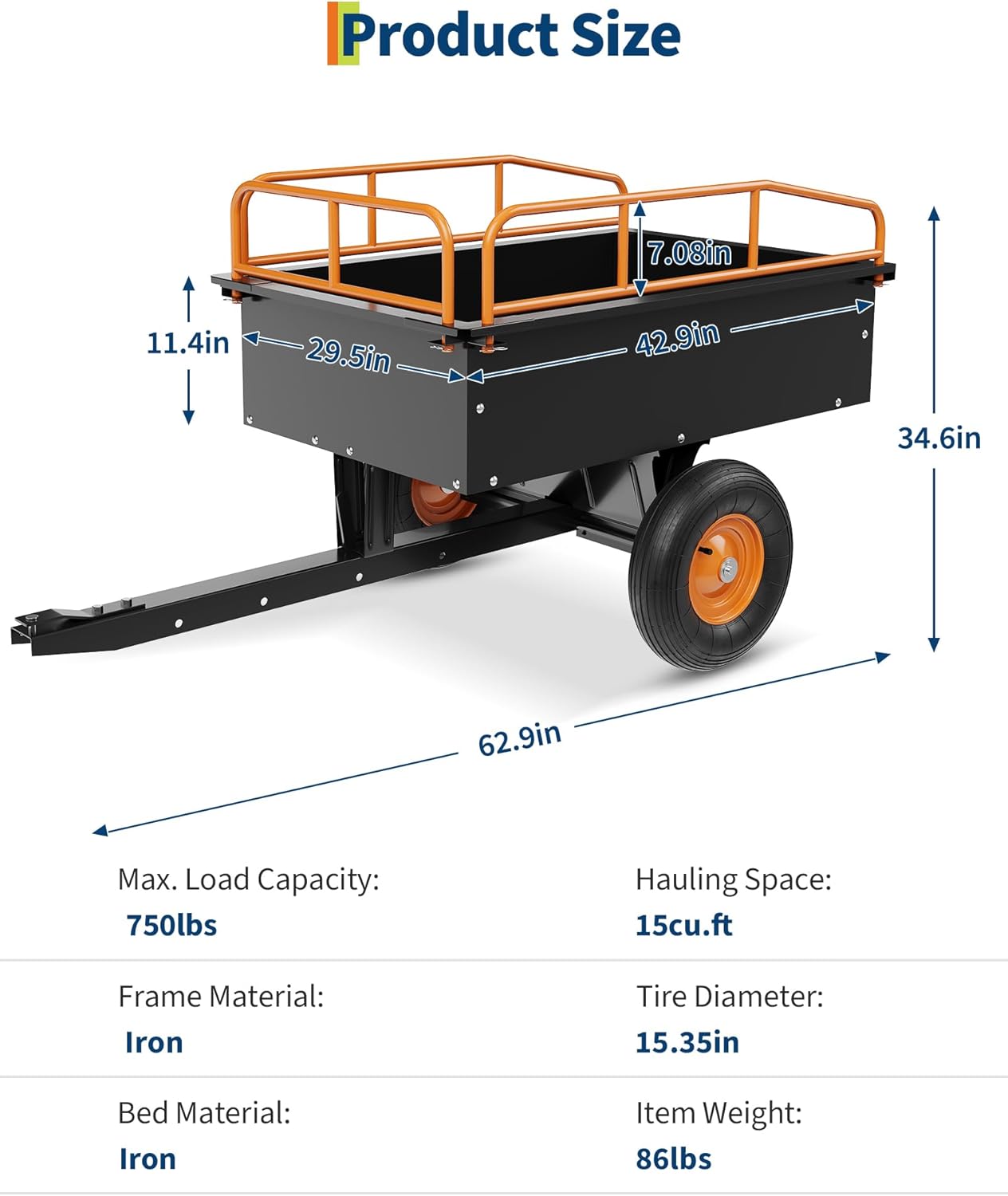 Heavy Duty ATV Trailer Steel Dump Cart, 750 LBS 15 Cubic Feet, Garden Utility with Removable Sides for Riding Lawn Mower Tractor