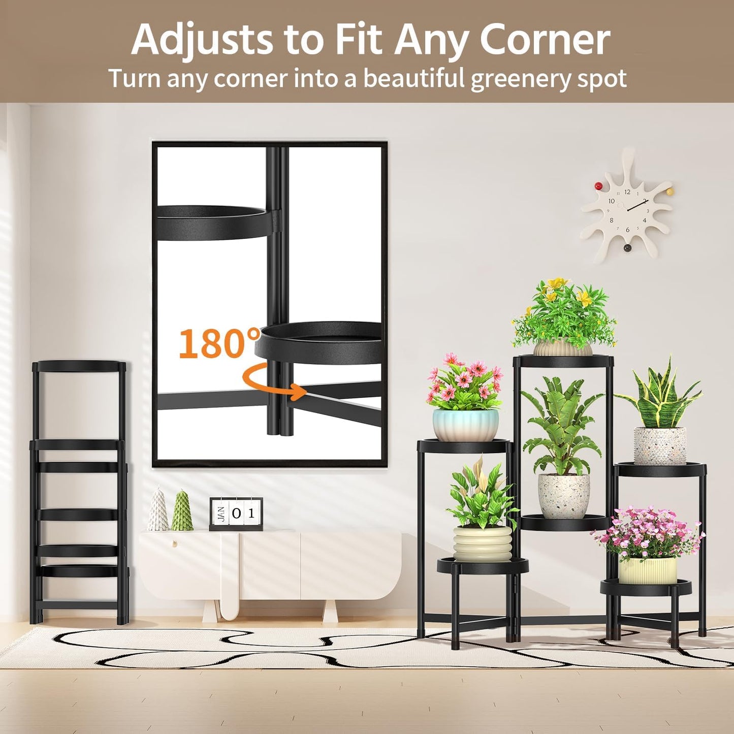 LASZOLA 6 Tiered Folding Plant Stand Indoor for Multiple Large Planter, Tall Heavy Duty Adjustable Rack with Rust Proof Plastic Shelving, Sturdy Vertical Tree Organizer for Narrow Inside Floor, Black