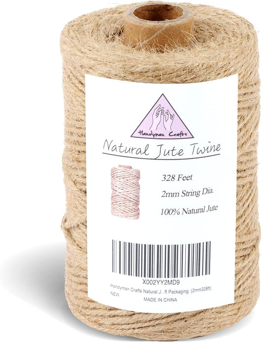 Natural Jute Twine Rope (1.5mm/2mm/3mm/6mm) Durable String for Handmde Crafts,Gardening Applications,Home Gardening,Cat Scratching Post,Gift Packaging... (2mm*328ft)