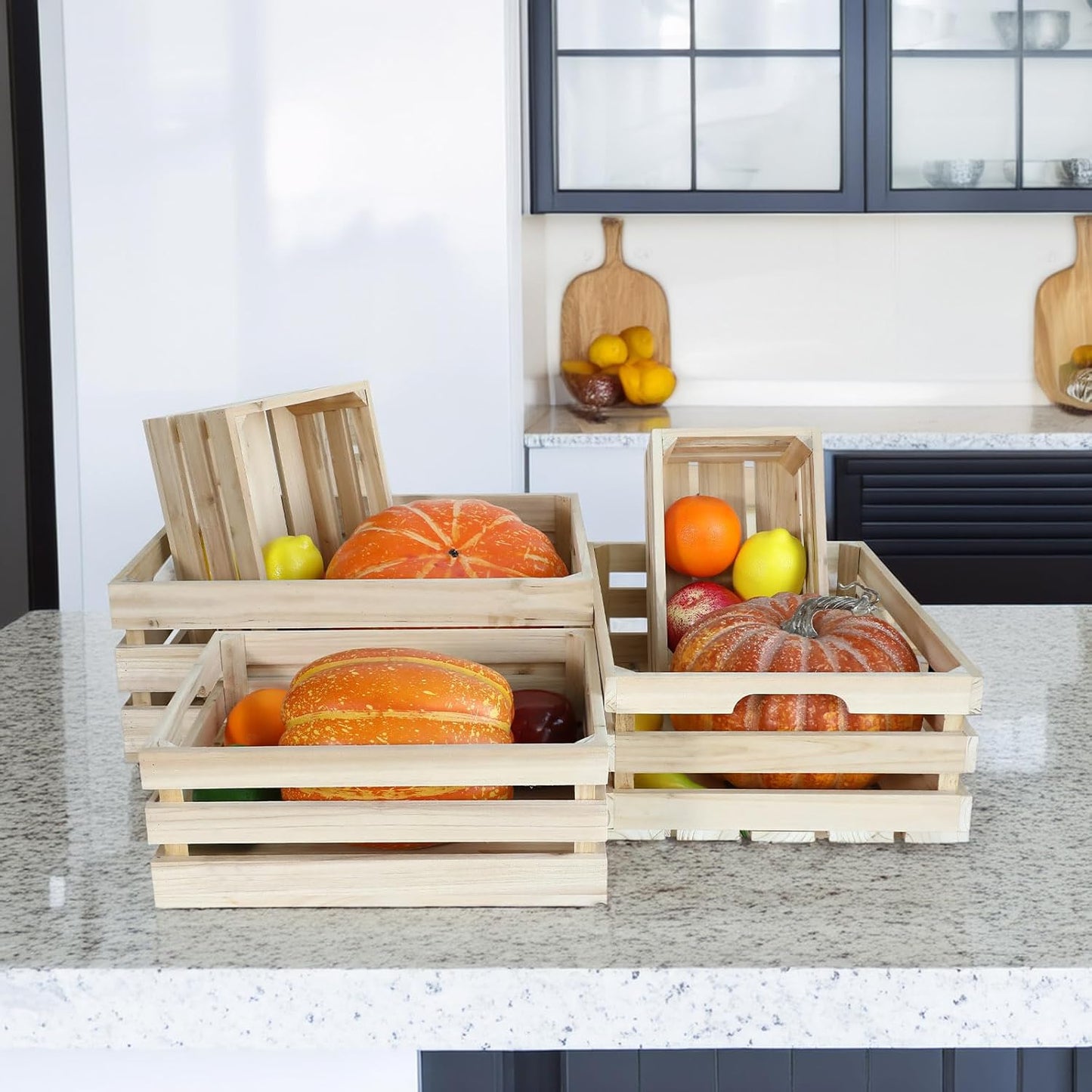 Wooden Crates, Unfinished Set of 5 Large Wood Crates with Handles, Rustic Farmhouse Wooden Crate for Decor, Wedding Birthday Home Party Living Room Kitchen Decoration