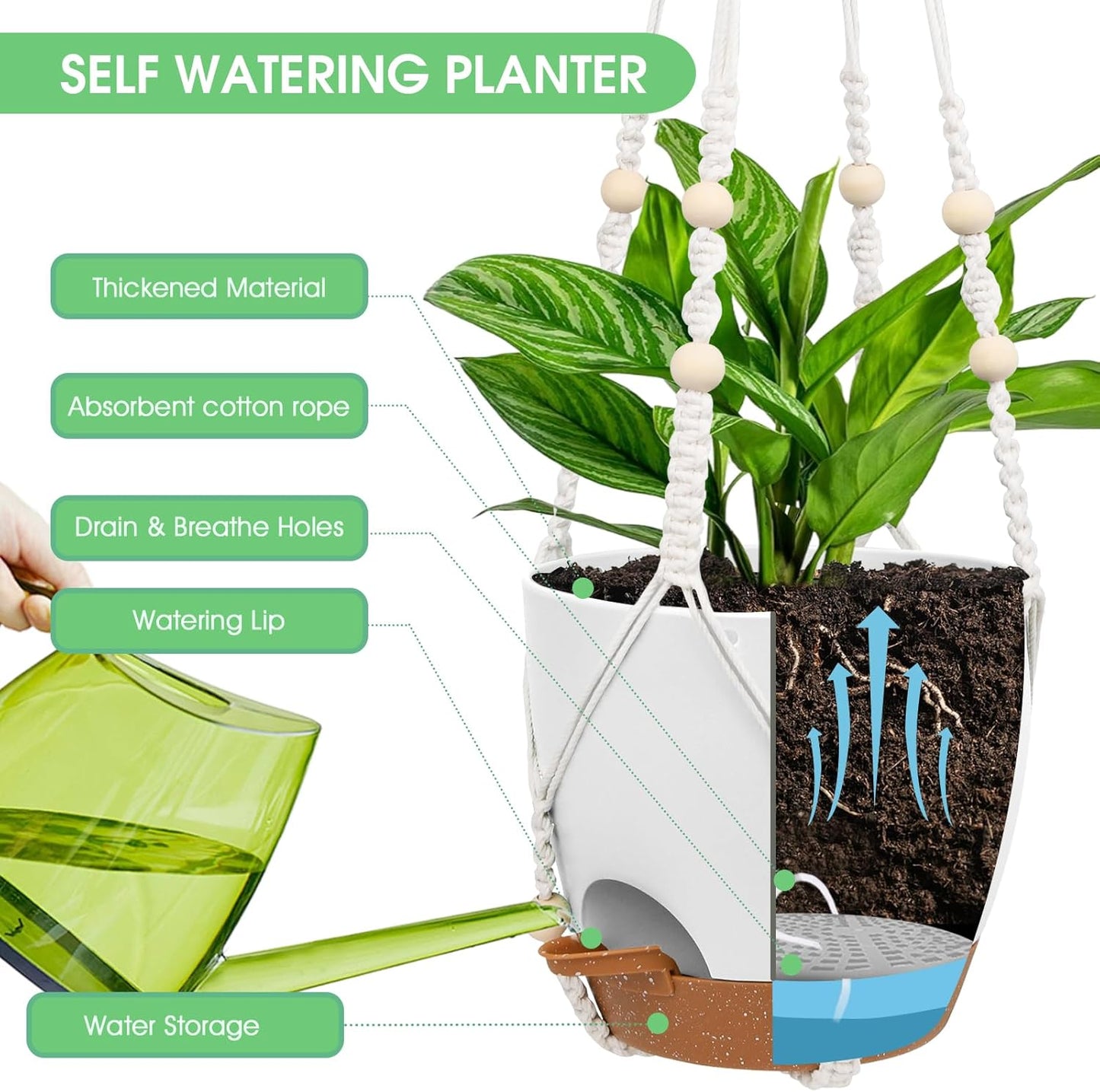 Hanging Planters for Indoor Outdoor Plants, 2 Pack Self Watering Hanging Pot with Drainage Holes, Removable Tray & 2 Kinds of Plant Hangers, 8'' Hanging Flower Pots for Home Garden Decor, White