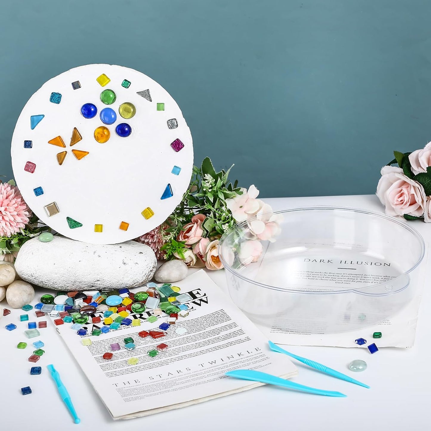 24 Pcs Stepping Stone Kit Includes Round Concrete Mold, Mosaic Tiles and Carving Tools, DIY Craft Handmade Stepping Stone Kit for Kids, Family, Garden Outdoor Decor (No Concrete Mix)