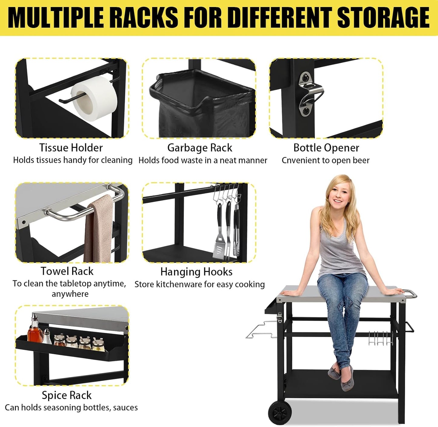 Outvita Outdoor Grill Cart, Movable Food Prep and Work Cart Table, Pizza Oven Stand Table with Wheels, Indoor & Outdoor Multifunctiona Stainless Steel Flattop BBQ Table for Home Party Camping