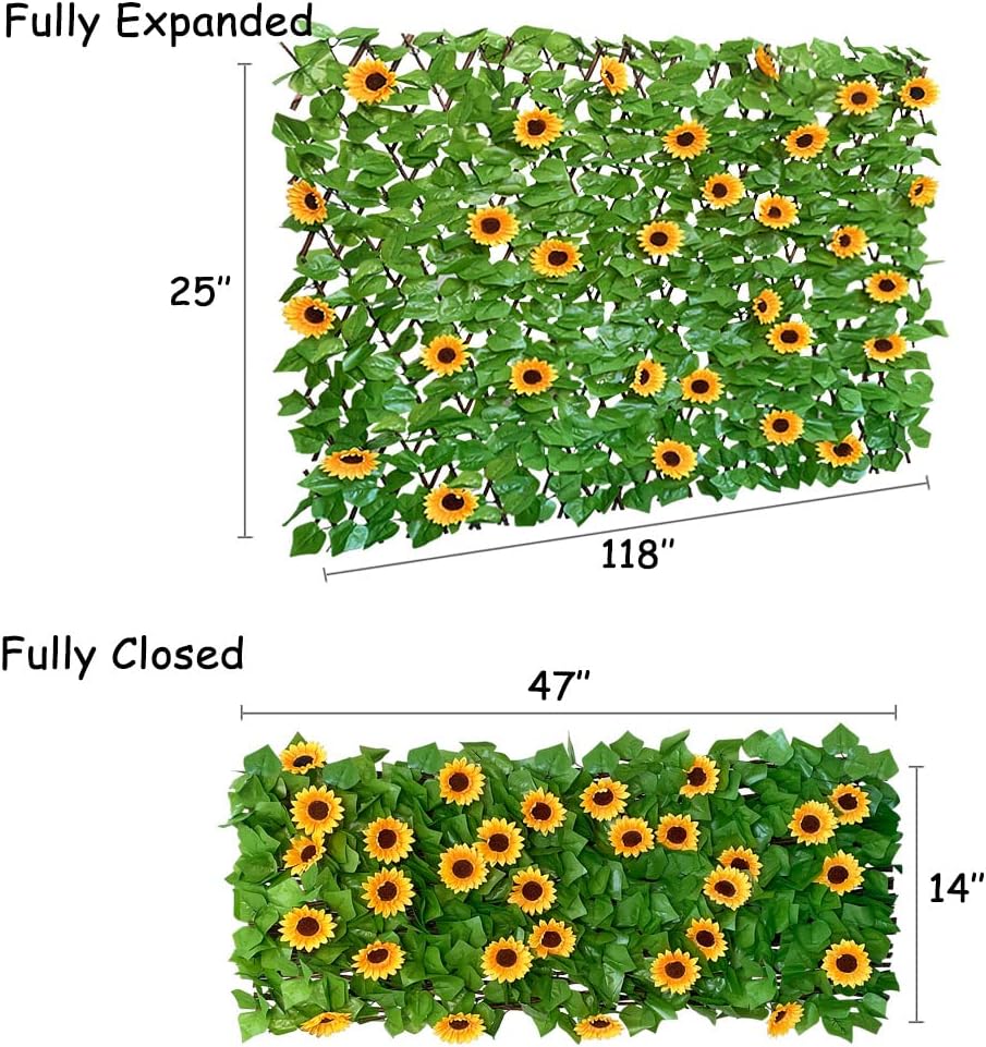 Expandable Fence Privacy Screen for Balcony Patio Outdoor,Decorative Faux Ivy Fencing Panel,Artificial Hedges (Single Sided Leaves) (2, Sunflowers)