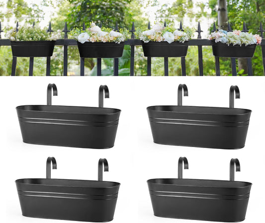 Dahey 4 Pcs Metal Hanging Flower Pots for Railing Fence Outdoor Planter 15.7 Inch Hanging Bucket Pots Countryside Window Flower Plant Holder with Detachable Hooks for Garden Yard Home Decor,Black