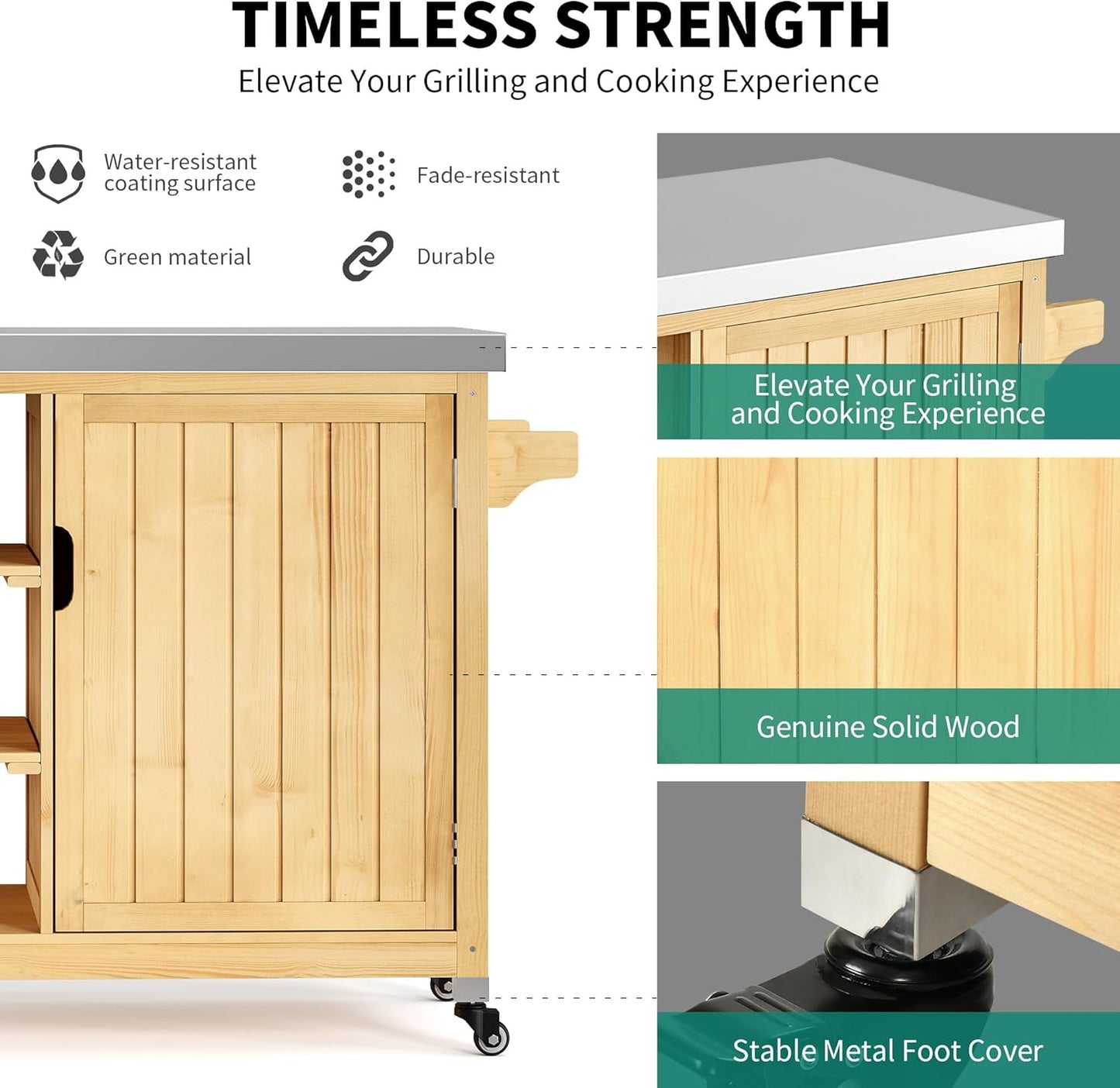 YITAHOME Solid Wood Patio Bar Table XL Outdoor Storage Cabinet Bar Table with Spice Rack and Lockable Wheels, Portable Outdoor Kitchen Island for Patio, Garden, Porch, Balcony, Natural