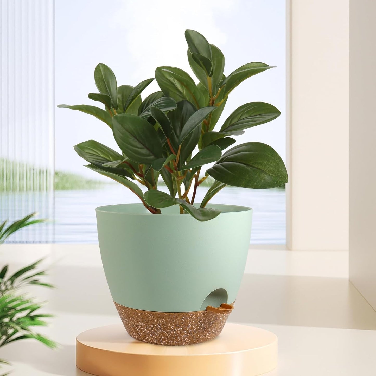 12 inch Large Self Watering Pots, Flower Plant Pots with Drainage Holes for Indoor Outdoor Garden Plants, Plastic Planters with Removable Deep Reservoir, Green with Brown