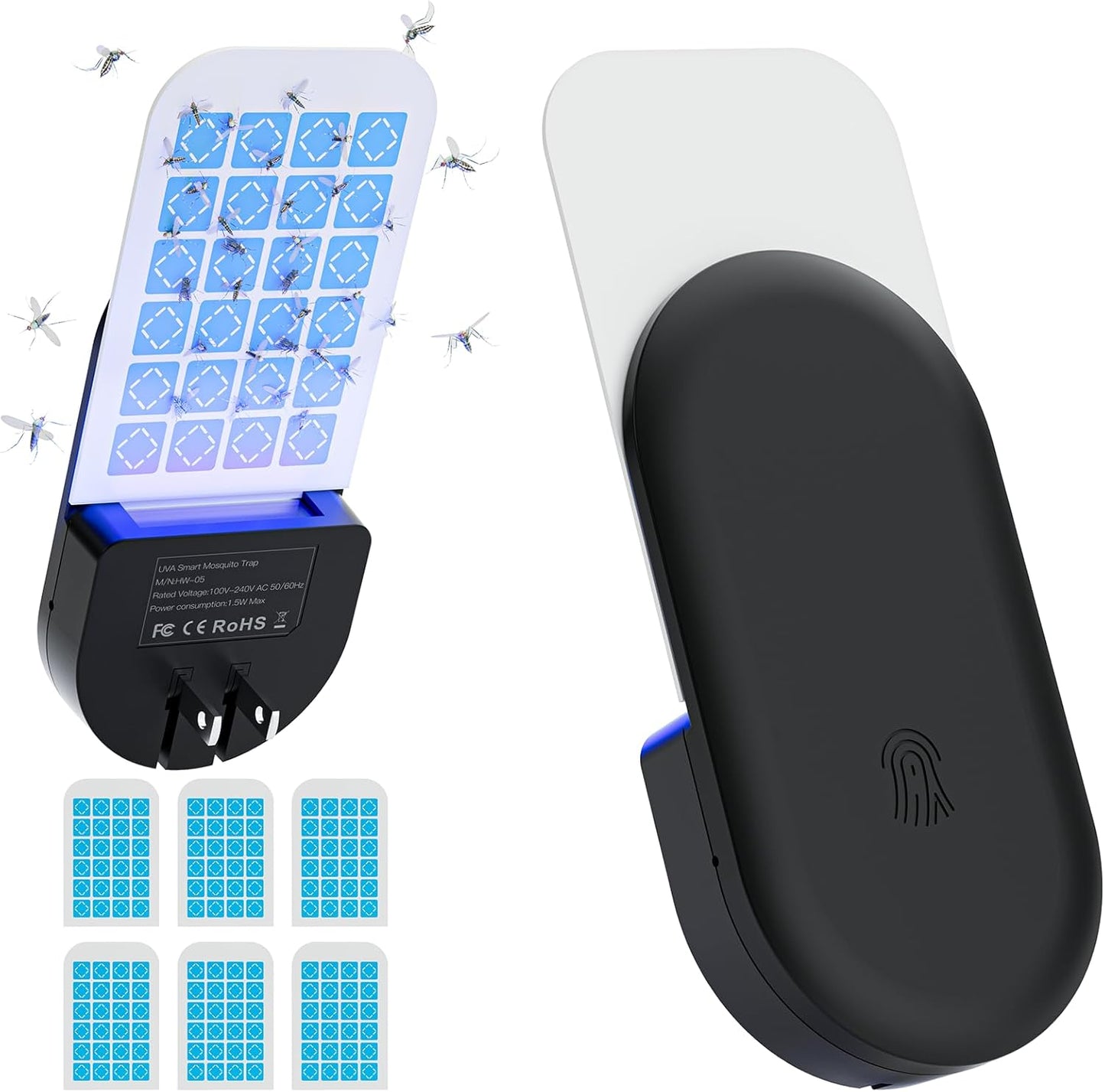 Flying Insect Trap, 2 in 1 Indoor Plug-in Fruit Fly Trap, 1 Trap Black and 6Glue Cards, Fruit Fly Traps for Gnat, Moth, Mosquito, Suitable for Every Part of The Home