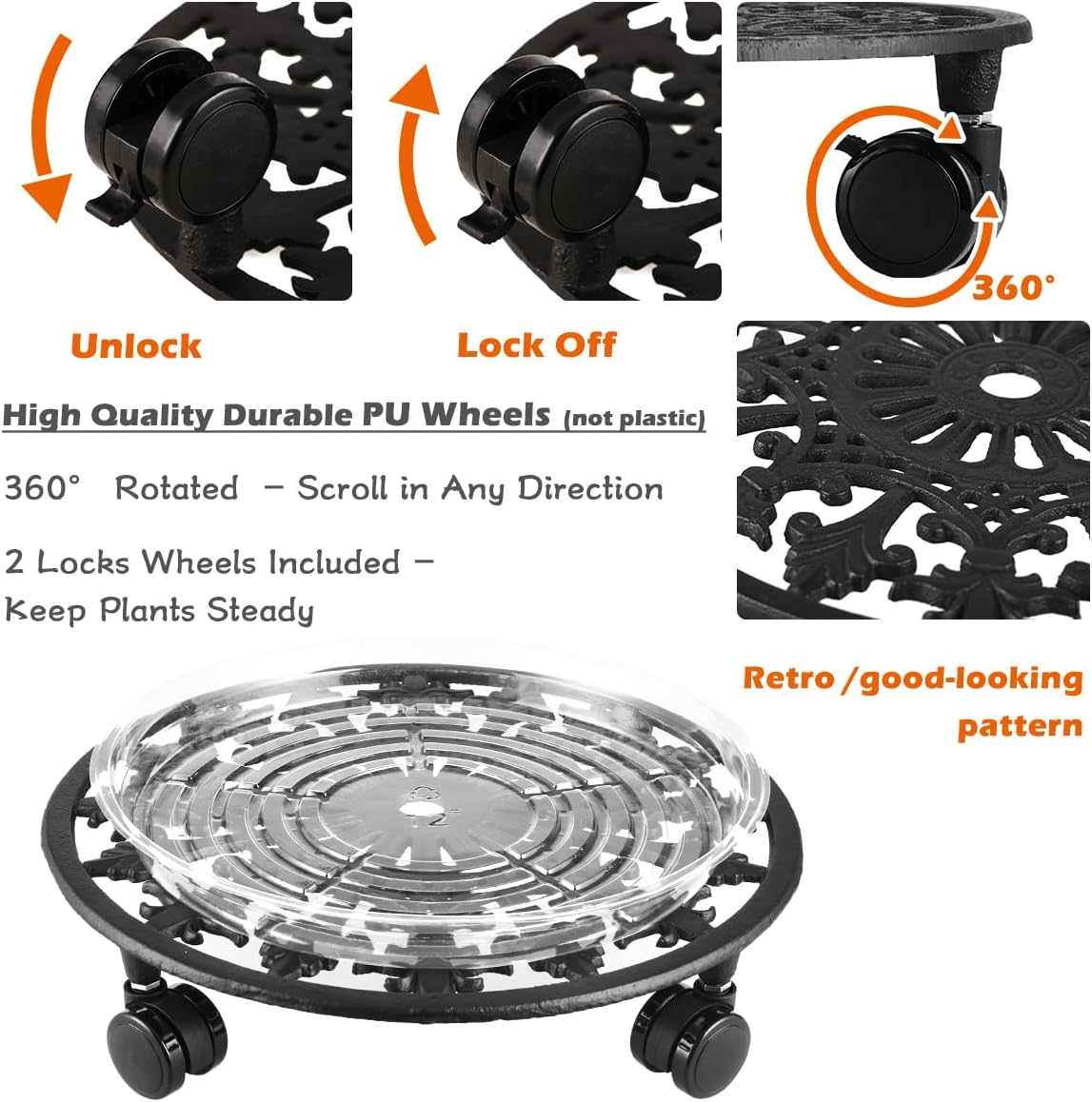 2 Pack Heavy Duty 14 Inch Metal Plant Stand with wheels - Wrought Iron Dolly with Casters for Indoor and Outdoor - Includes 2 Pack Plant Saucers