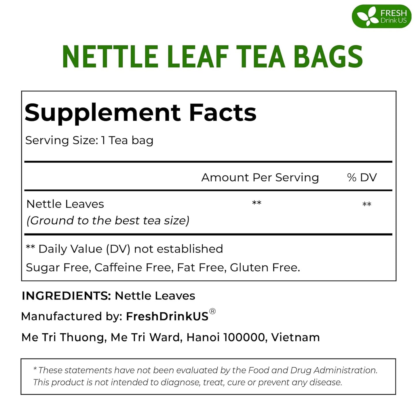 FreshDrinkUS, Premium 135 Nettle Leaf Tea Bags, 100% Natural & Pure, Stinging Nettle Leaf Tea, Nettle Leaf Tea, Burn Nettle, Stinging Nettle, Nettle Tea, Stinger Tea, No Sugar/ Caffeine & Gluten, Vegan