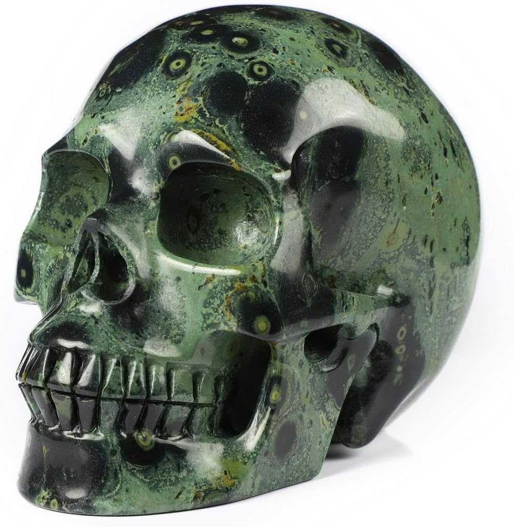 Skullis 5.0" Kambaba Jasper Crystal Skull, Hand Carved Gemstone Fine Art Sculpture, Reiki Healing Stone Statue.