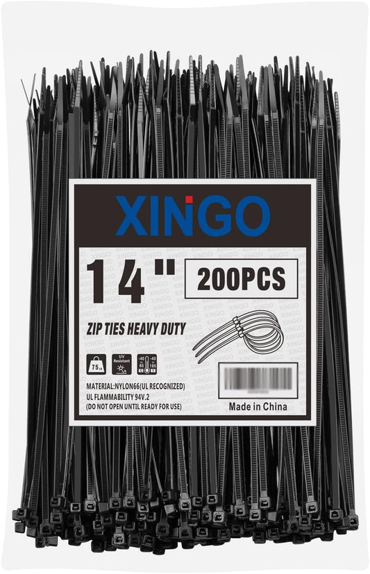 XINGO 14 Inch Black Zip Ties 200 PCS, 75 LBS Tensile Strength, UV Resistant Cable Ties, Premium Self-locking Plastic Ties for Indoor and Outdoor Use