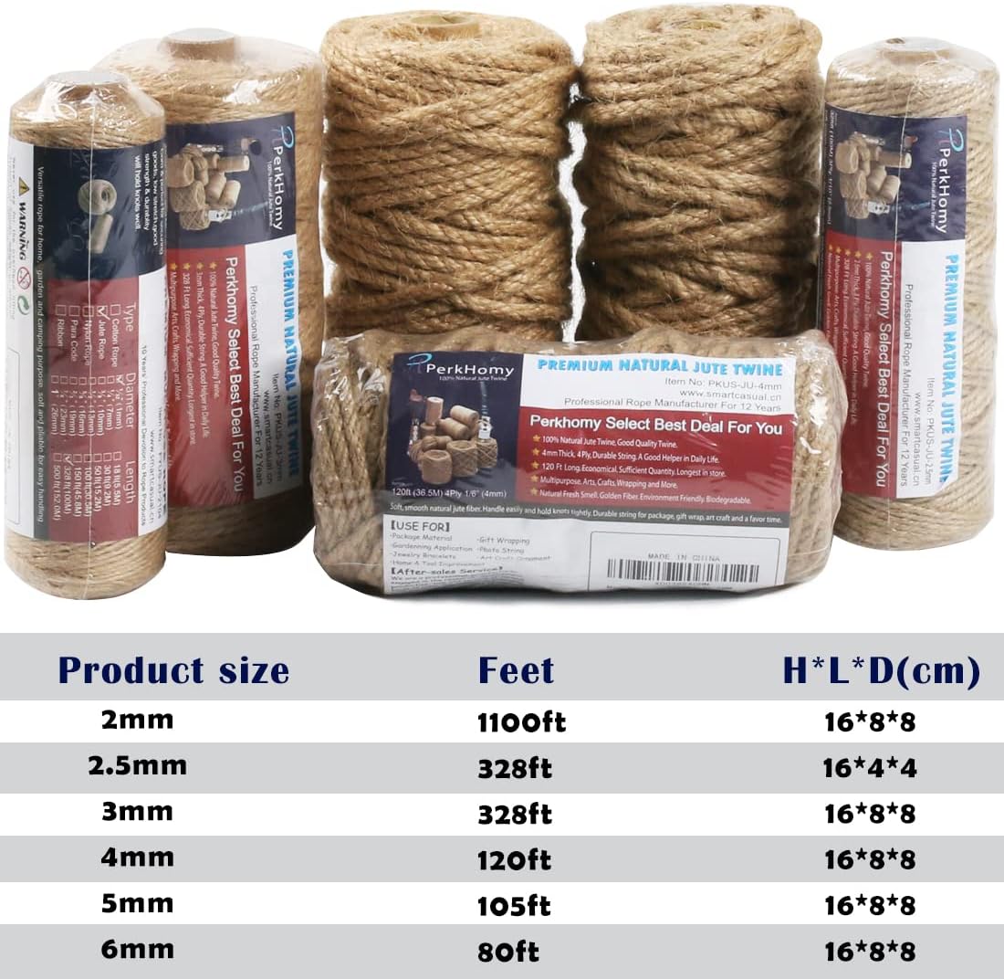 PerkHomy Jute Twine String 3mm 328Ft Natural Thin Ribbon for Craft, Gardening, Wedding Decoration & Packing (328FT * 3mm)