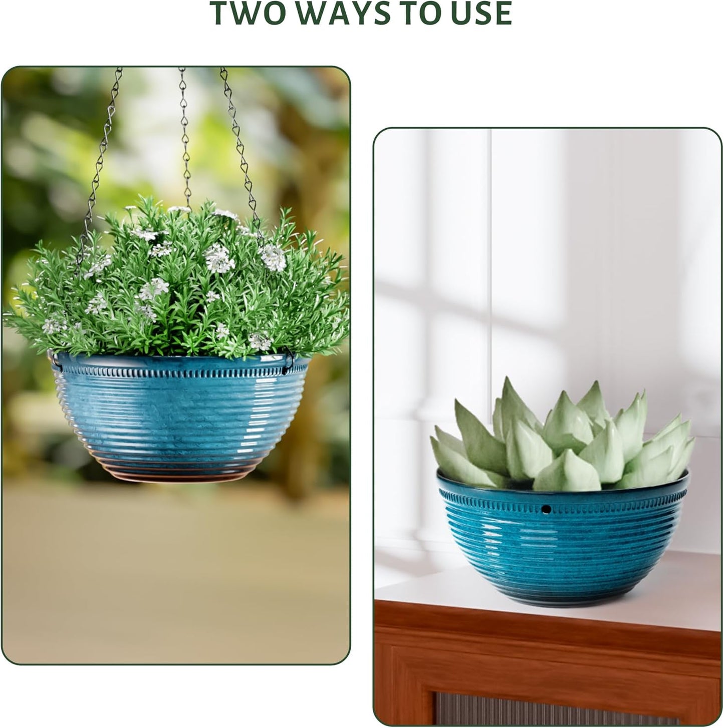 10in Hanging Planters for Indoor and Outdoor Plants, 2 Pack Hanging Planter with Drainage Hole, Round Hanging Flower Pots for Garden Home Decor (Blue)